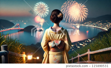 穿著和服的女人看煙火 115890531