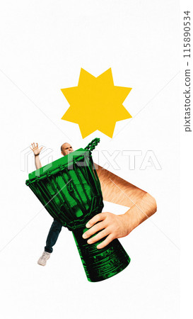 Poster. Contemporary art collage. Young man, musician holding his huge arms oversized green djembe drum. Music that unites people in celebration. 115890534
