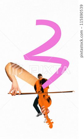 Poster. Contemporary art collage. Oversized orange cello, played with enthusiasm, with doodles shows deep and resonant tones of instrument. Poster. Contemporary art collage. Oversized orange cello, played with enthusiasm, with doodles shows deep and resonant tones of instrument. 115890539