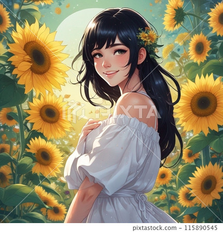 背景中一個可愛的女人微笑著向日葵田的插圖 9 115890545
