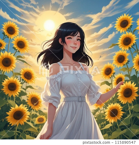 背景中一個可愛的女人微笑著向日葵田的插圖 11 背景中一個可愛的女人微笑著向日葵田的插圖 11 115890547