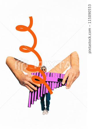Poster. Contemporary art collage. Nature of music. Large pink pan flute being played by oversized hands of talented musician Poster. Contemporary art collage. Nature of music. Large pink pan flute being played by oversized hands of talented musician 115890553
