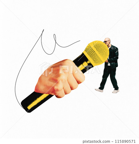 Poster. Contemporary art collage. Talented young man, dressed fashion leather costume, holding his huge arm microphone and singing. Poster. Contemporary art collage. Talented young man, dressed fashion leather costume, holding his huge arm microphone and singing. 115890571