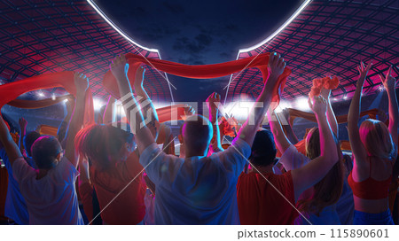 Group of energetic supporters with hands in air, holding scarves of favorite team, enjoy thrilling moment during live sports event. 115890601