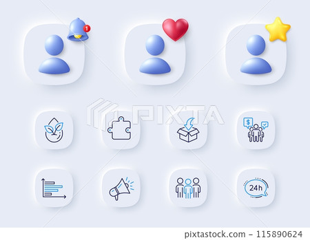 Puzzle, Horizontal chart and Organic product line icons. Placeholder with 3d bell, star, heart. Pack of Megaphone, Moving service, 24h service icon. Teamwork, Group pictogram. Vector 115890624
