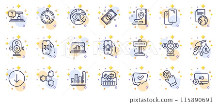 Outline set of Translation service, Cursor and Petrol station line icons for web app. Include Toolbox, Graph laptop, Award app pictogram icons. Place, Attraction, Flight mode signs. Vector 115890691