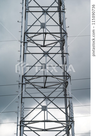 Dilbeek, Flanders, Belgium, High tension energy cable and pole 115890736