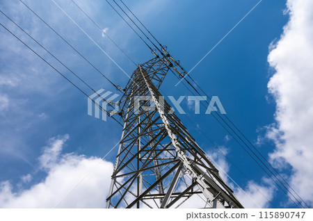 Dilbeek, Flanders, Belgium - High tension energy cable and pole 115890747