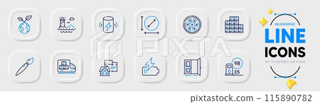 Brush, Floor plan and Wholesale inventory line icons for web app. Pack of Open door, Battery, Petrol station pictogram icons. Cable section, Delivery truck, Circle area signs. Vector Brush, Floor plan and Wholesale inventory line icons for web app. Pack of Open door, Battery, Petrol station pictogram icons. Cable section, Delivery truck, Circle area signs. Vector 115890782