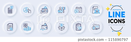 Bank document, Discounts calendar and Checklist line icons for web app. Pack of Bitcoin system, Pie chart, Post package pictogram icons. Financial documents, Armed robbery, Auction signs. Vector 115890797