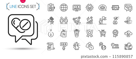 Pack of Leadership, Cyber attack and Locks line icons. Include Approved award, Rfp, Grill basket pictogram icons. Approved, Ranking star, Image carousel signs. Online test, Fraud. Vector 115890857