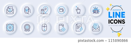 Scroll down, Charging station and Wallet line icons for web app. Pack of Smile, Seo phone, Insurance medal pictogram icons. Distribution, Electric app, Power certificate signs. Vector 115890866
