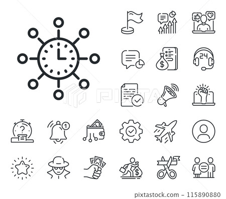 Global watch sign. Salaryman, gender equality and alert bell outline icons. World time line icon. World time line sign. Spy or profile placeholder icon. Online support, strike. Vector 115890880