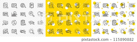 Photo indexation, Artificial intelligence, Car rental icons. Search line icons. Airplane flights, Web search engine, Analytics. Find photo, checklist document, artificial intelligence eye. Vector 115890882