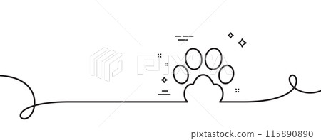 Dog paw line icon. Continuous one line with curl. Pets care sign. Animal step symbol. Dog paw single outline ribbon. Loop curve pattern. Vector 115890890