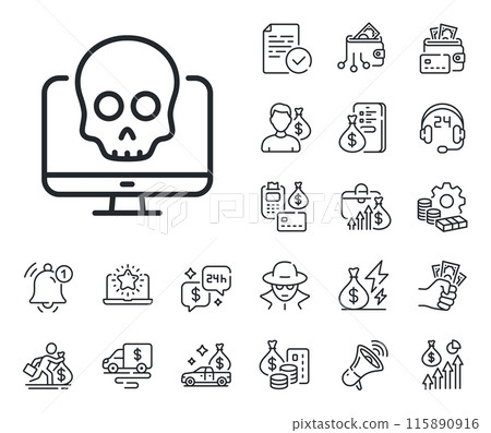 Ransomware threat sign. Cash money, loan and mortgage outline icons. Cyber attack line icon. Computer phishing virus symbol. Cyber attack line sign. Credit card, crypto wallet icon. Vector Ransomware threat sign. Cash money, loan and mortgage outline icons. Cyber attack line icon. Computer phishing virus symbol. Cyber attack line sign. Credit card, crypto wallet icon. Vector 115890916