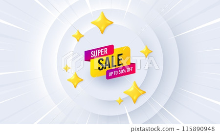 Super sale banner. Neumorphic offer 3d banner, coupon. Discount sticker shape. Coupon bubble icon. Super sale promo event background. Sunburst banner, flyer or poster. Vector 115890948