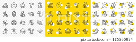 Outline Fraud, Bribe and Friendship line icons pack for web with Woman read, Online voting, Court jury line icon. Teamwork, Survey, Delivery bike pictogram icon. Fingerprint research. Vector 115890954