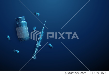 Syringe, bottle and medical pills. Medical treatment and pharmacy concept. Low poly style. Abstract geometric background. Wireframe light connection structure. Modern blue 3d graphic. Top view. Vector Syringe, bottle and medical pills. Medical treatment and pharmacy concept. Low poly style. Abstract geometric background. Wireframe light connection structure. Modern blue 3d graphic. Top view. Vector 115891075