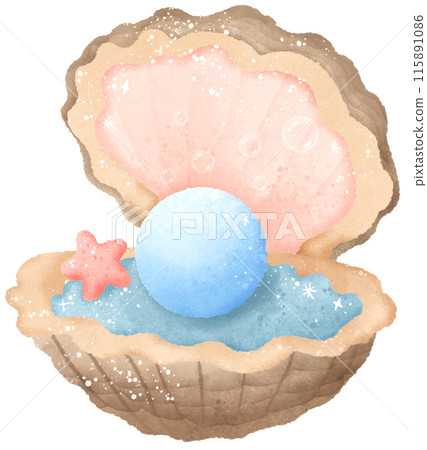 Watercolor Hand drawn illustration underwater animals Cute pearl sitting in a shell marine wild life children clip art for textile, decoration, posters, inviation, greeting cards 115891086