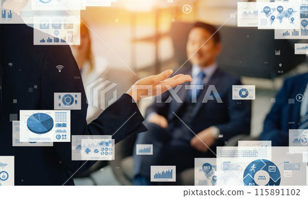 A business person giving a speech and business data 115891102
