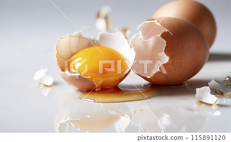 Broken egg with yolk and shell on white surface Broken egg with yolk and shell on white surface 115891120