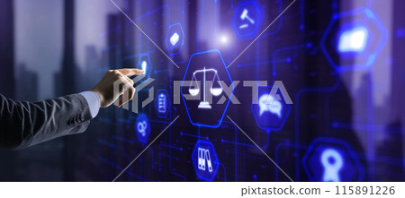 Justice and law concept. Icon Law on virtual screen. Blurred background 115891226