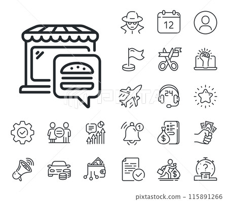 Fast food restaurant sign. Salaryman, gender equality and alert bell outline icons. Food market line icon. Retail marketplace symbol. Food market line sign. Spy or profile placeholder icon. Vector Fast food restaurant sign. Salaryman, gender equality and alert bell outline icons. Food market line icon. Retail marketplace symbol. Food market line sign. Spy or profile placeholder icon. Vector 115891266