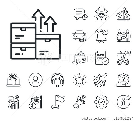 Warehouse boxes sign. Salaryman, gender equality and alert bell outline icons. Wholesale goods line icon. Logistic inventory symbol. Wholesale goods line sign. Spy or profile placeholder icon. Vector 115891284