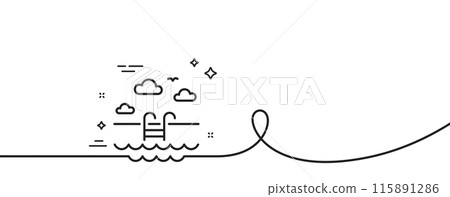 Swimming pool line icon. Continuous one line with curl. Outdoor basin sign. Hotel service symbol. Swimming pool single outline ribbon. Loop curve pattern. Vector 115891286