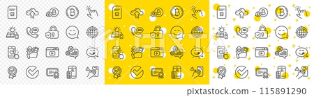 Outline Cursor, Fraud and Seo internet line icons pack for web with Approved award, Solar panel, Certificate line icon. Bitcoin, Cogwheel, Delete file pictogram icon. Video content. Vector 115891290