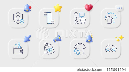 Waterproof, Love glasses and Scarf line icons. Buttons with 3d bell, chat speech, cursor. Pack of Wash t-shirt, Sale tag, Buyer think icon. Clean t-shirt, Wallet money pictogram. Vector Waterproof, Love glasses and Scarf line icons. Buttons with 3d bell, chat speech, cursor. Pack of Wash t-shirt, Sale tag, Buyer think icon. Clean t-shirt, Wallet money pictogram. Vector 115891294