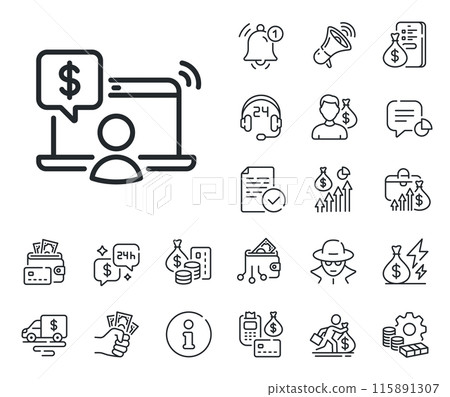 Internet buying sign. Cash money, loan and mortgage outline icons. Online shopping line icon. Supermarket purchases symbol. Online shopping line sign. Credit card, crypto wallet icon. Vector 115891307