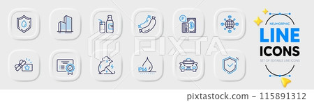 Stress protection, Milk and Skyscraper buildings line icons for web app. Pack of Logistics network, Shield, Parking payment pictogram icons. Certificate, Sausage, Waterproof signs. Vector 115891312