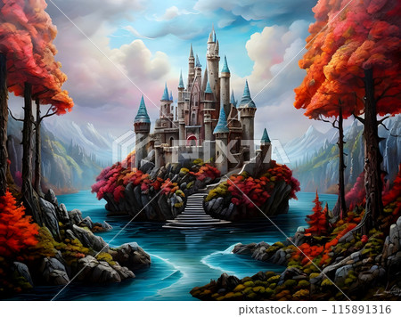 The abandoned stone castle in the forest was filled with loneliness. 115891316