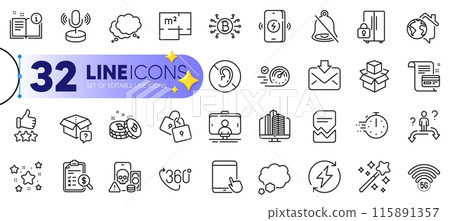 Outline set of Locks, Selfie stick and Renewable power line icons for web with Speech bubble, Talk bubble, Manual thin icon. Speedometer, Payment card, Mute pictogram icon. Microphone. Vector Outline set of Locks, Selfie stick and Renewable power line icons for web with Speech bubble, Talk bubble, Manual thin icon. Speedometer, Payment card, Mute pictogram icon. Microphone. Vector 115891357