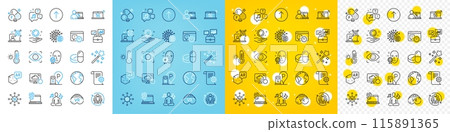 Vector icons set of Teamwork, Swipe up and Project deadline line icons pack for web with 5g notebook, Online education, Qr code outline icon. Fluorine mineral, Voicemail. Vector 115891365