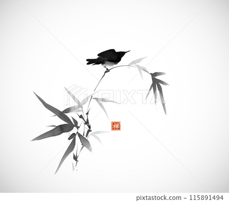 Minimalist ink painting of blackbird on bamboo branch. Traditional Japanese ink wash painting sumi-e. Translation of hieroglyph - zen 115891494