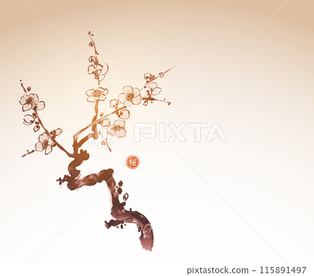Plum blossom branch in sumi-e style. Traditional oriental ink painting sumi-e, u-sin, go-hua with sakura branch in vintage style Hieroglyph - bloom. 115891497