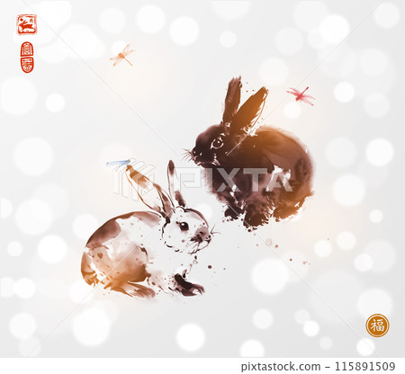 Ink wash painting of rabbits and dragonflies on white shimmering background. Traditional oriental ink painting sumi-e, u-sin, go-hua. Hieroglyph - well-being 115891509