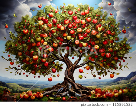 The apple tree bears enormous fruit. 115891522