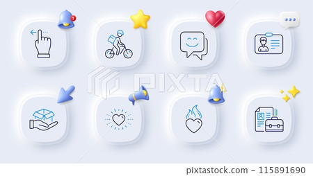 Touchscreen gesture, Hold box and Vacancy line icons. Buttons with 3d bell, chat speech, cursor. Pack of Heart, Heart flame, Smile face icon. Delivery bike, Identification card pictogram. Vector 115891690