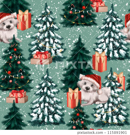 Christmas seamless pattern with dog, gift boxes and Christmas trees. Winter holiday background. Christmas seamless pattern with dog, gift boxes and Christmas trees. Winter holiday background. 115891901