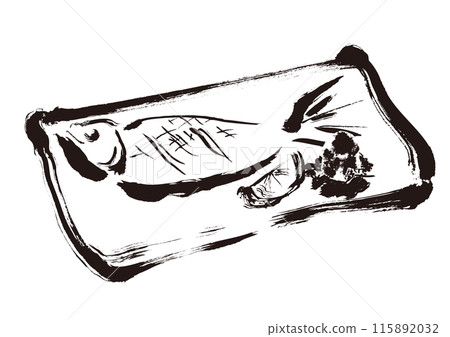 Hand-drawn Japanese-style brush illustration of grilled salted horse mackerel 115892032