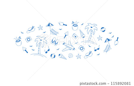 Set of summer travel doodle style icons. Vector illustration of the elements of tourism and beach holidays. 115892081
