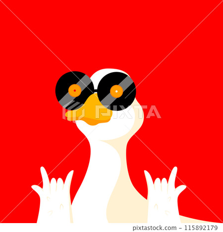 Funny design with white duck wearing black vinyl records as sunglasses, against bright red background. Humorous and playful visual. Creative vector illustration. Funny design with white duck wearing black vinyl records as sunglasses, against bright red background. Humorous and playful visual. Creative vector illustration. 115892179