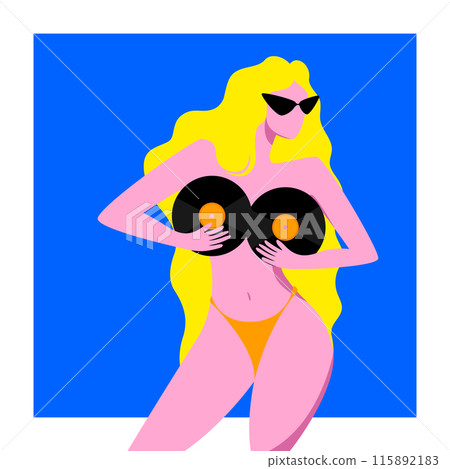 Woman with long blonde hair, wearing sunglasses and yellow bikini bottom, holding two vinyl records over her chest against bright blue background. Creative vector illustration. 115892183