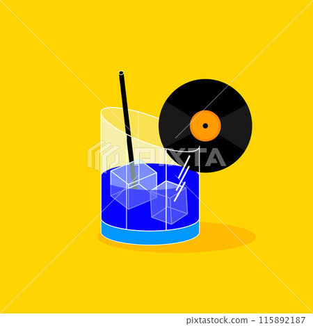 Vinyl record placed as decoration on blue cocktail against bright yellow background. Party vibes. Creative vector illustration. Vinyl record placed as decoration on blue cocktail against bright yellow background. Party vibes. Creative vector illustration. 115892187