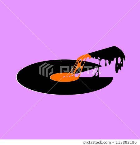 Vinyl record like slice of pizza against purple background. Party vibes, food delivery, comfort and fun. Creative vector illustration. Vinyl record like slice of pizza against purple background. Party vibes, food delivery, comfort and fun. Creative vector illustration. 115892196