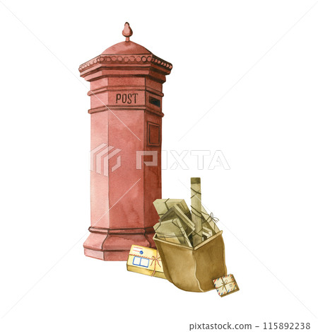 Watercolor illustration. World Post Day. Street mailbox with letters, parcels and bag. All elements are hand-painted with watercolors. Suitable for cards, printing, scrapbooking. Watercolor illustration. World Post Day. Street mailbox with letters, parcels and bag. All elements are hand-painted with watercolors. Suitable for cards, printing, scrapbooking. 115892238